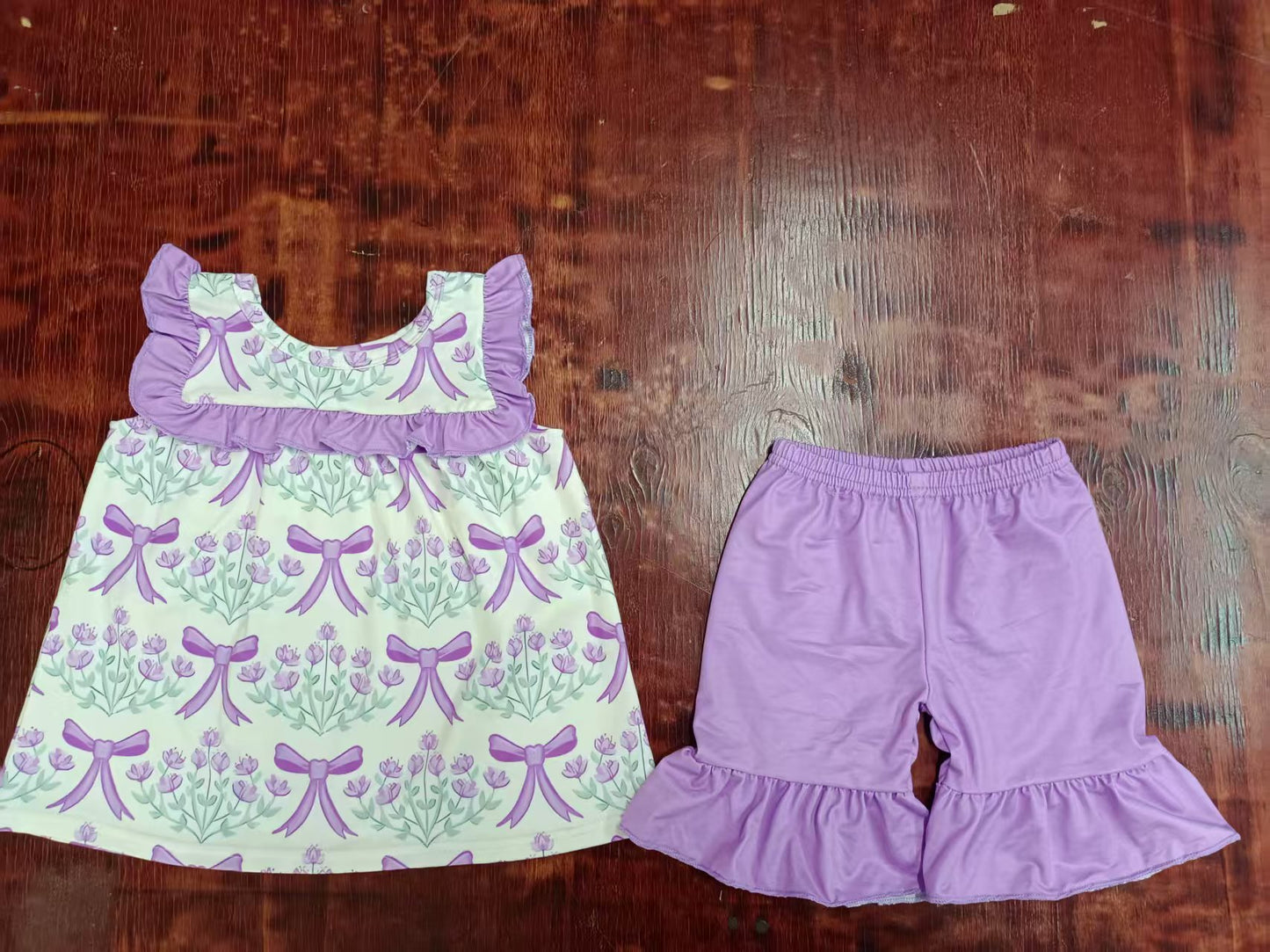 Custom moq 3 eta 6-7weeks baby girls clothes bow floral purple sleeveless shorts sets