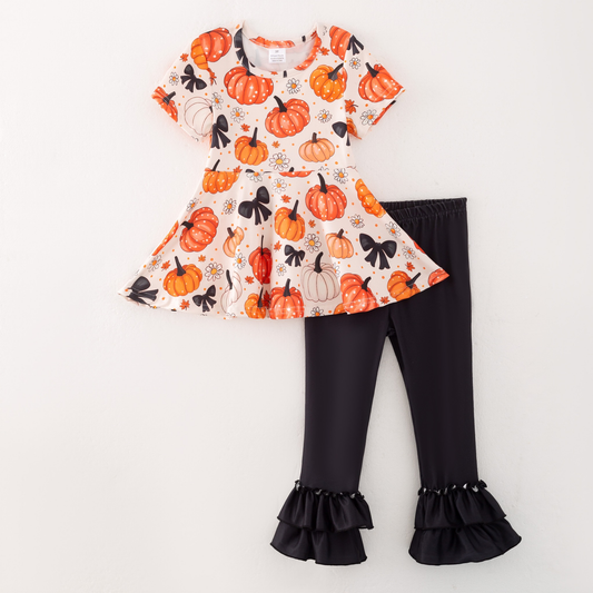 Custom moq 5 each style eta 6-7weeks baby girl Halloween pumpkin bow short sleeve pants set and romper
