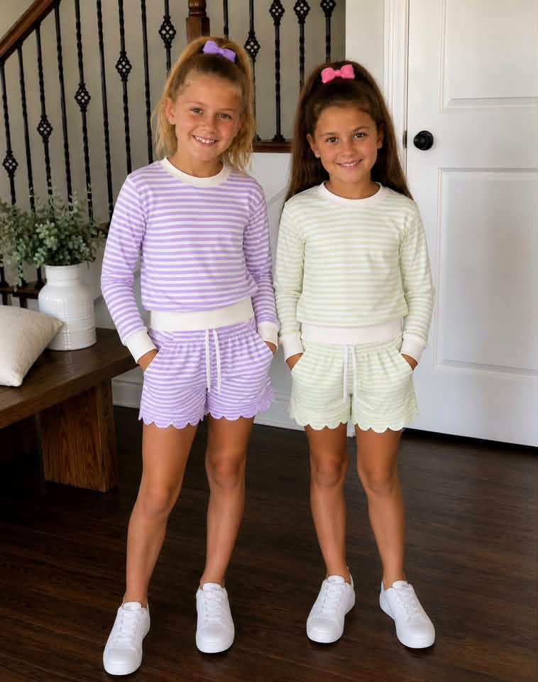 (Preorder new) No moq Kids And Adult Striped Long Sleeve Shirt Top And Scallop Short Yoga Active Set