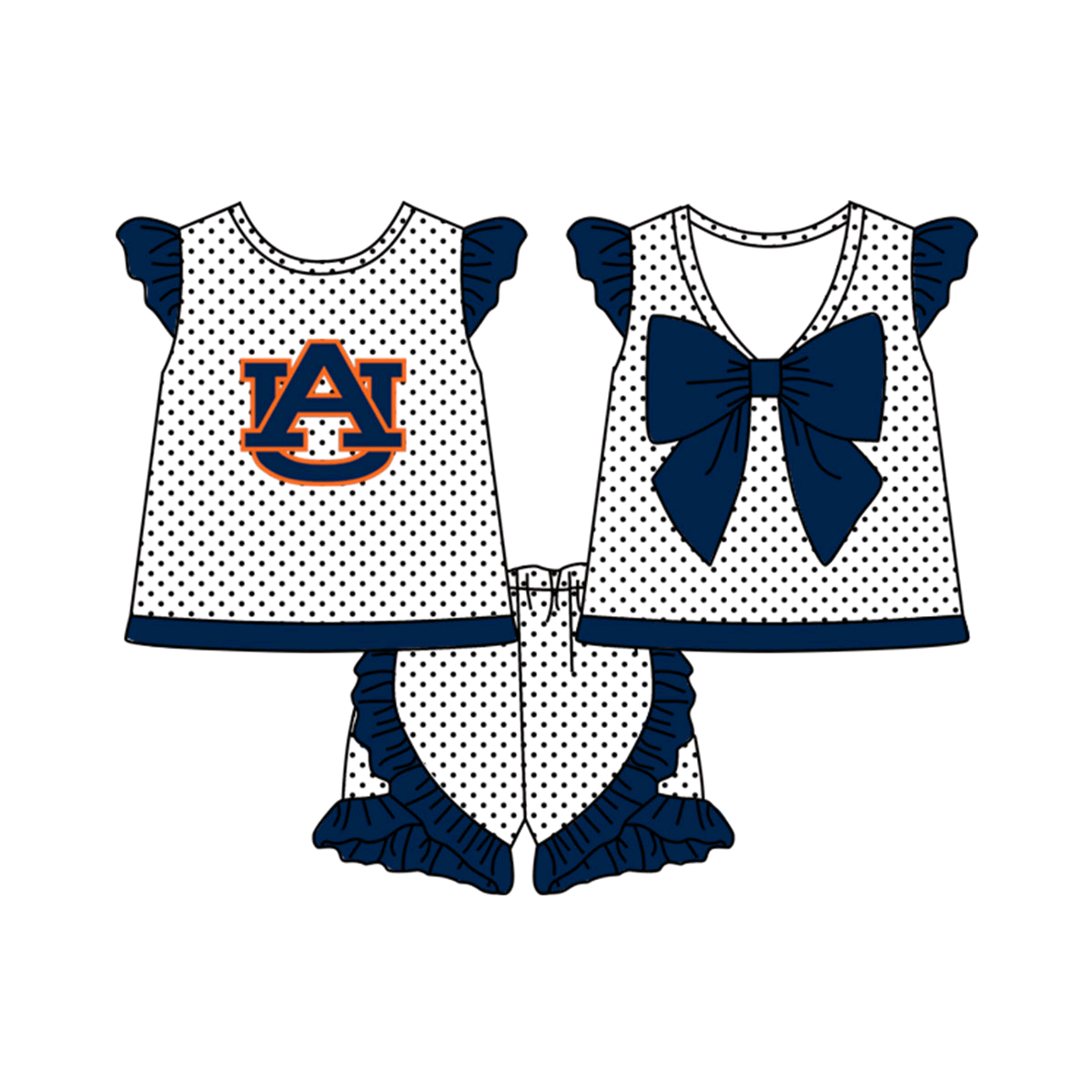 Deadline September 30 custom no moq eta 6-8weeks Letter A Pattern-Dark Blue Polka Dot Fly Sleeve Top-Pleated Petal Edge Shorts Set