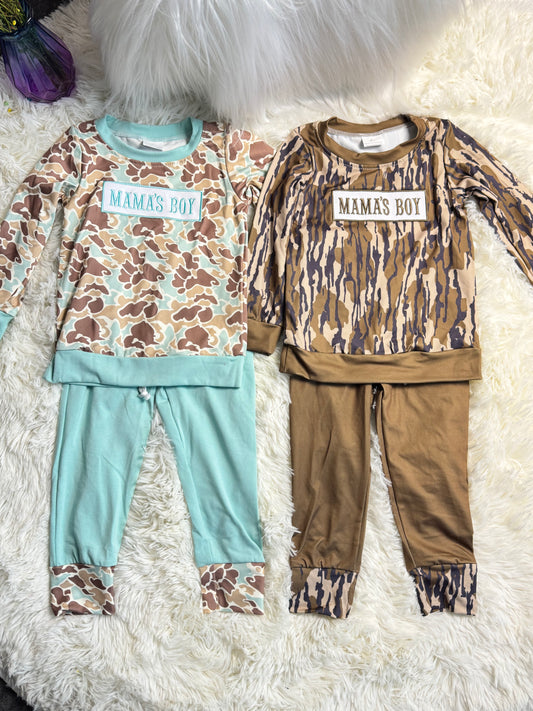 RTS NO MOQ Sibling baby boy clothes Embroidered Mama's Boy Brown-Green Camouflage Beige Long-Sleeve Pants Suits