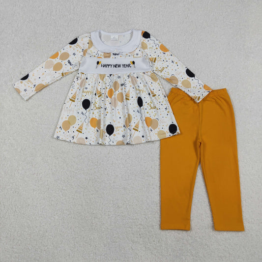 RTS NO MOQ（In Stock) GLP2901 Embroidered Happy New Year Balloon Girl Long-Sleeved Pants Set