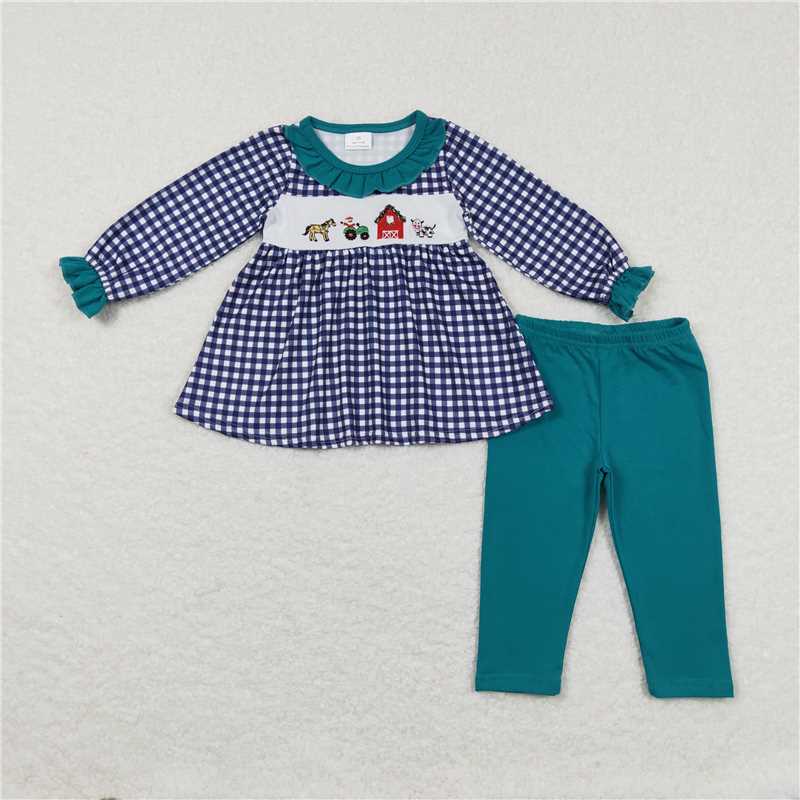 RTS NO MOQ（In Stock) Baby girl Toddler embroidery farm Shirts plaid Pants Clothes Sets
