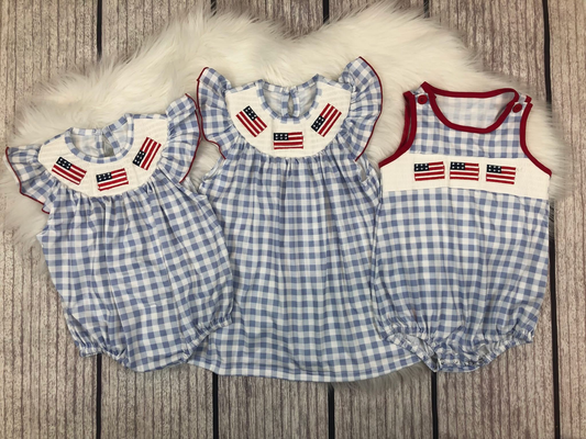 RTS NO MOQ baby girl clothes embroidery smocked 4th of july flag flying-sleeved romper dress