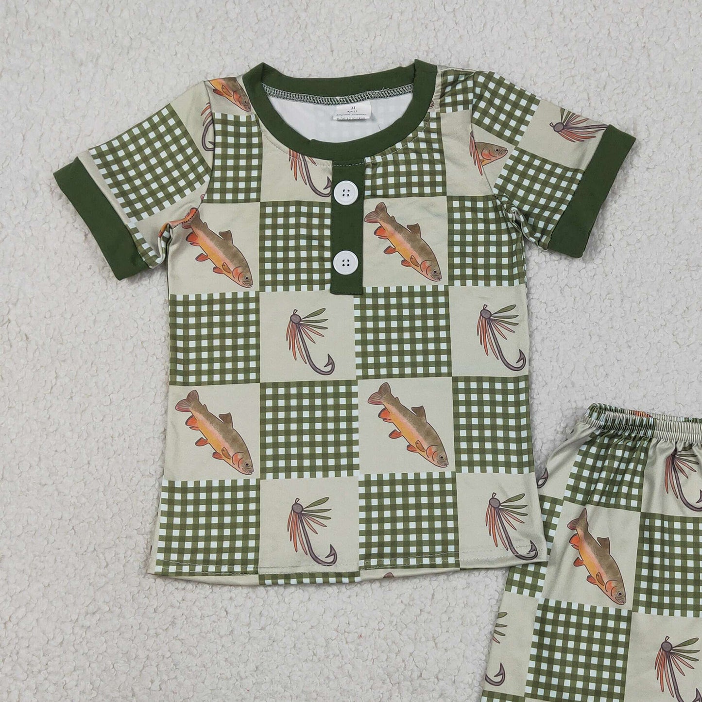 RTS NO MOQ BSSO1817 Baby Boys Cute Olive Checked Fishing Print Button Pajamas Set
