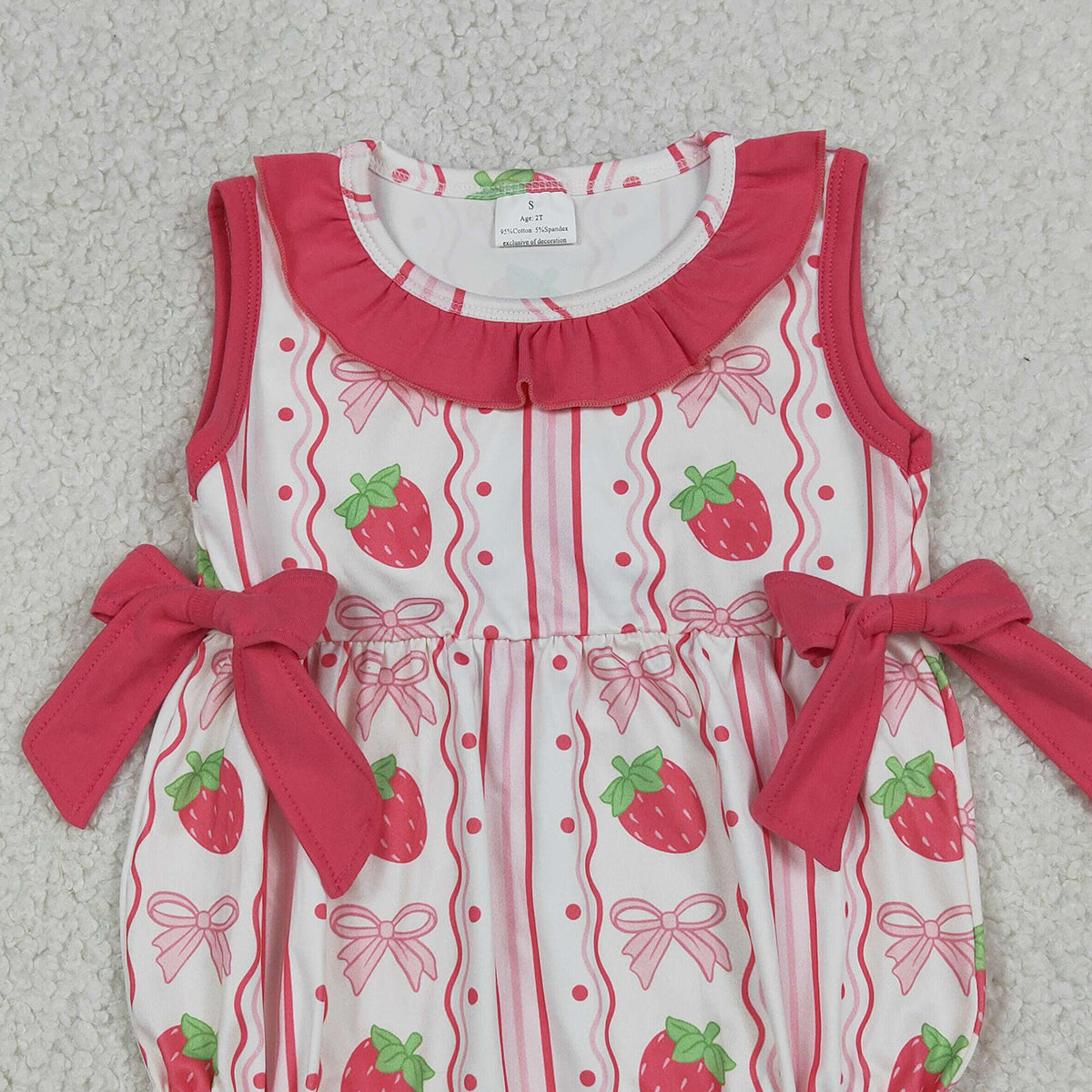RTS NO MOQ SR4011 Baby Girls Sleeveless Rompers Strawberry Bows Stripe Ruffle Outfit