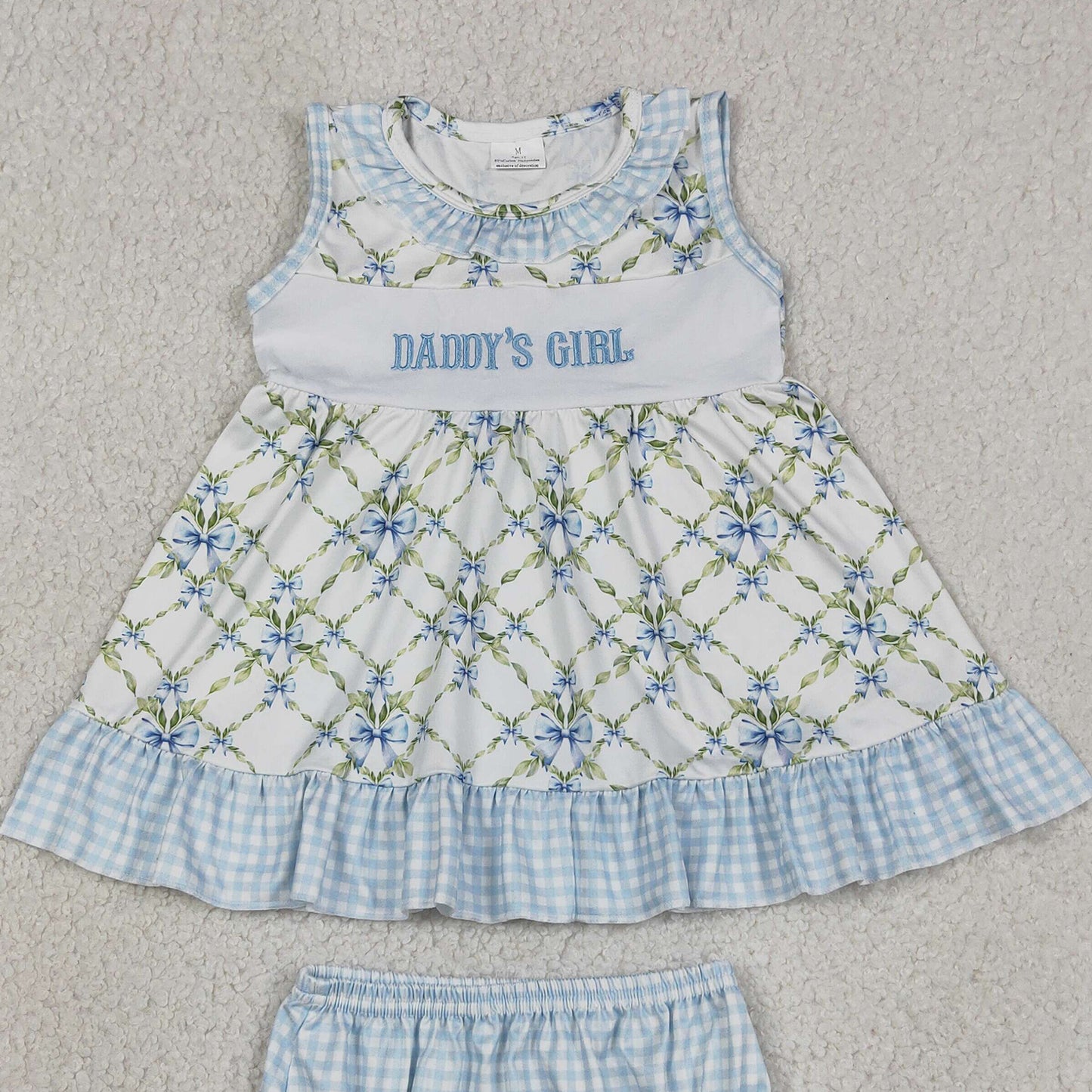 RTS NO MOQ milk silk GBO0512 Baby Girls Daddy's Girl Embroidery Floral Checked Bows Tunic Bummies Sets