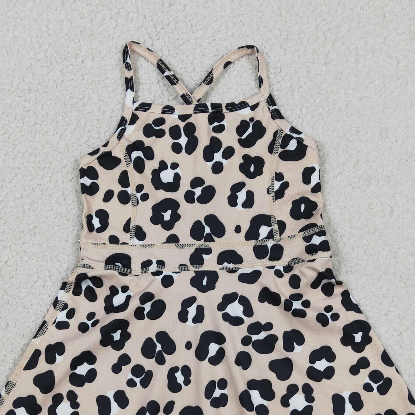 RTS NO MOQ GSD2650 yoga fabric Baby Girls Fashion Strap Leopard Yoga Knee Length Dresses