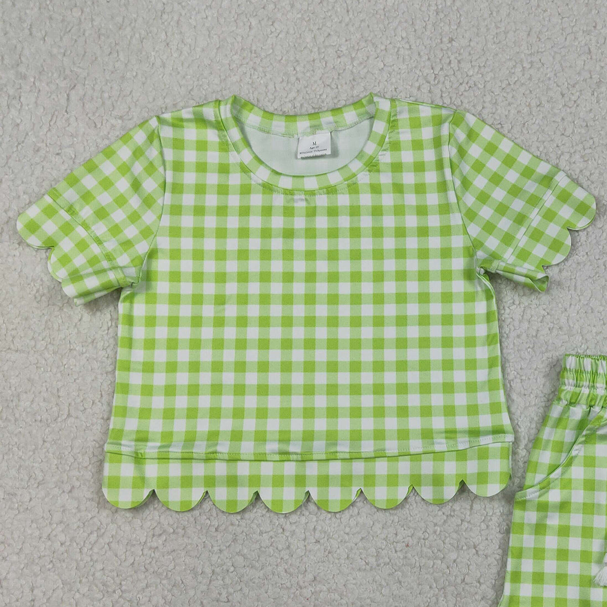 RTS NO MOQ GSSO3189 Baby Girls Green Checked Shirt with Scallop Trim Short Sleeve Top And Shorts Set Cute Outfit for Little Ones