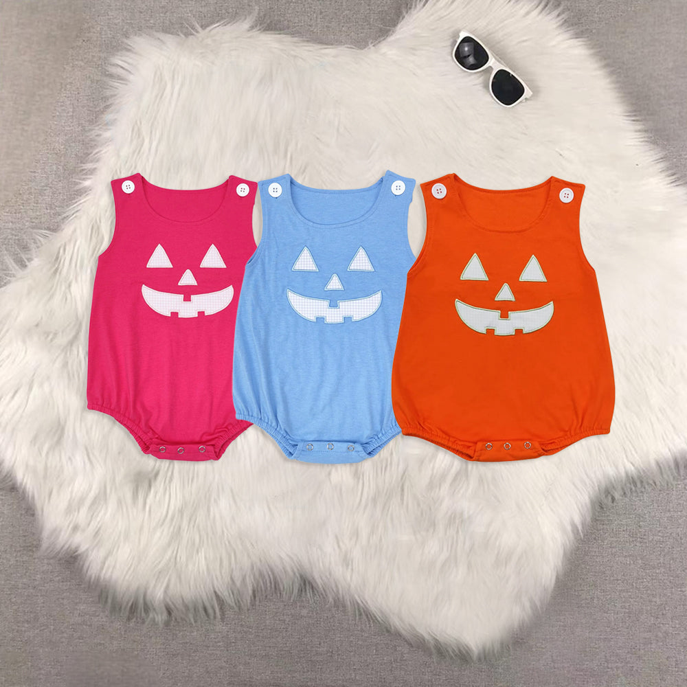 RTS NO MOQ Sibling Baby boy girl clothes Embroidered Pumpkin Smiley Face Blue & Orange*Pink Short Romper