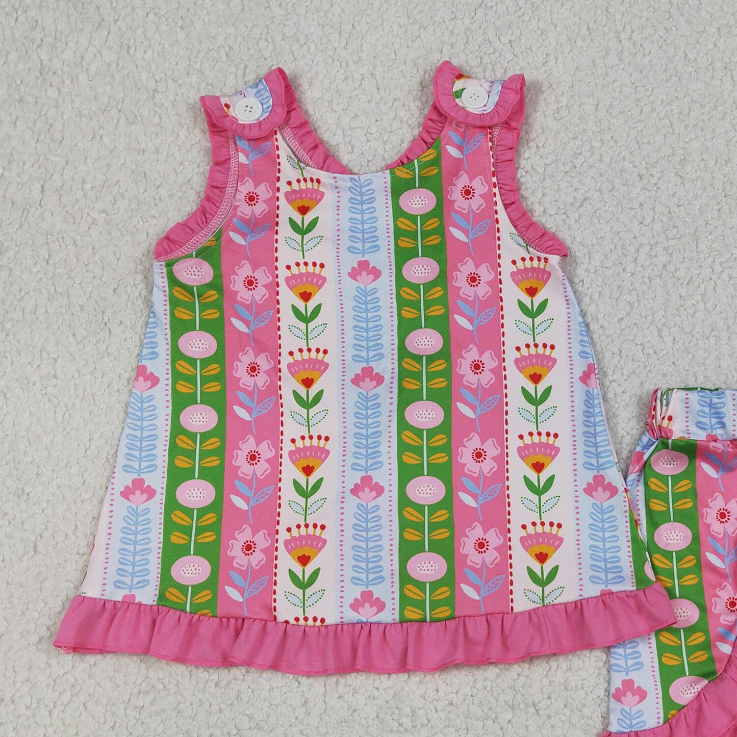 RTS NO MOQ milk silk GSSO3676 Baby Girls Striped Colorful Flower Print Sleeveless Ruffle Two Piece Set