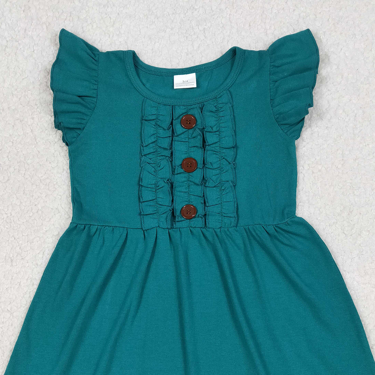 RTS NO MOQ GSD4094 Baby Girls Dark Green Flutter Sleeves Button Ruffle Knee-Length Dress（3-4T-14T）