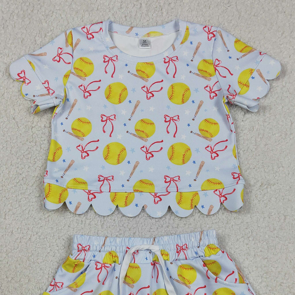 RTS NO MOQ GSD3655 Baby Girls Casual Active Wear Bow Softball Top Skirt Short Yoga Team Set