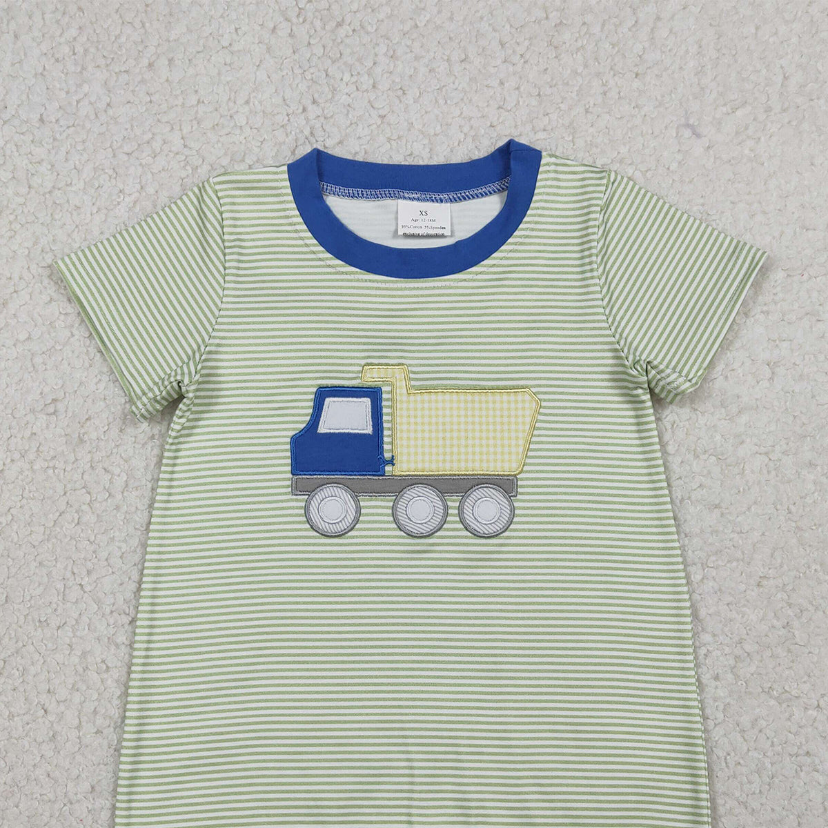 RTS NO MOQ SR3893 Baby Boys Green Stripe Rompers Short Sleeve Embroidery Tractors