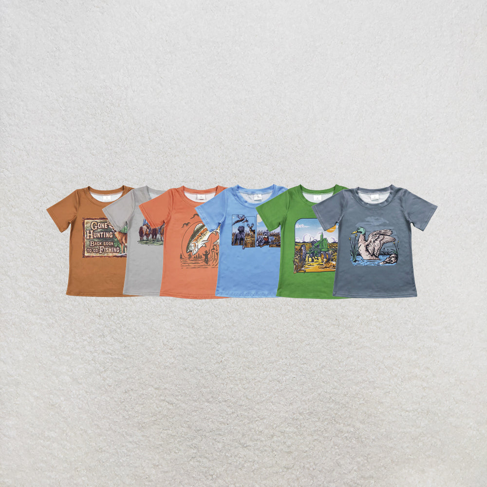 RTS NO MOQ Sibling Baby Boys Brown Hunting Short Sleeve Fishing Tee Shirts Tops