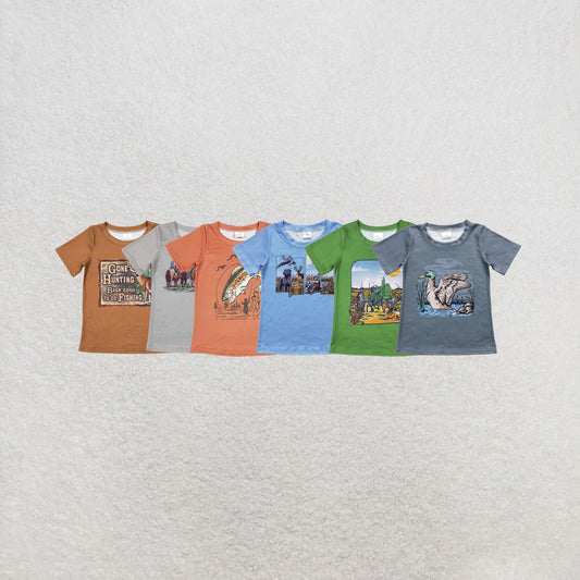 RTS NO MOQ Sibling Baby Boys Brown Hunting Short Sleeve Fishing Tee Shirts Tops