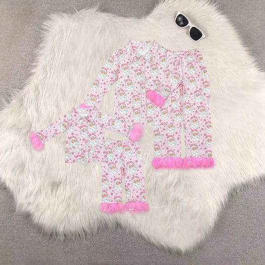 RTS NO MOQ Sibling Baby Girls and adults women Christmas Striped Candy Cane-Candy Pink Plush Button Long Sleeve Long Pants Pajama Set