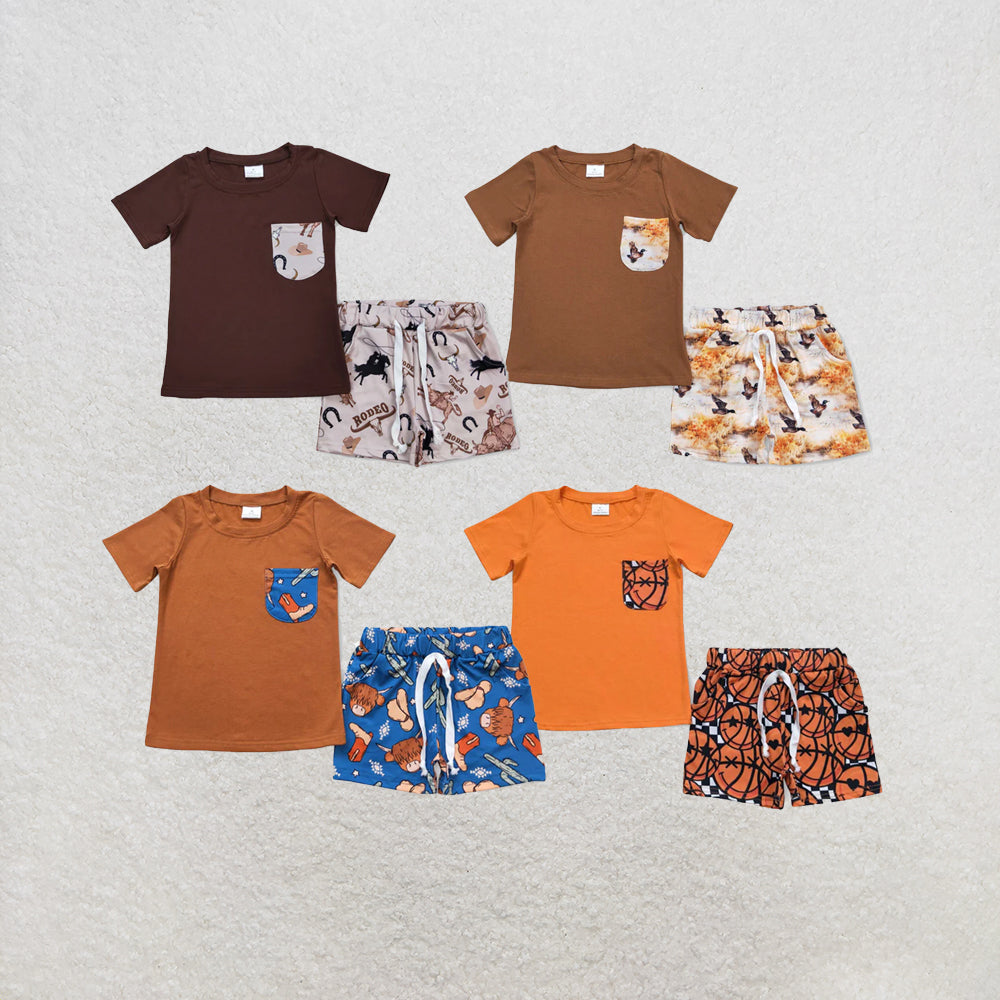 RTS NO MOQ Sibling Baby Boys Orange Pocket Shirt Top Basketball Shorts Clothes Sets