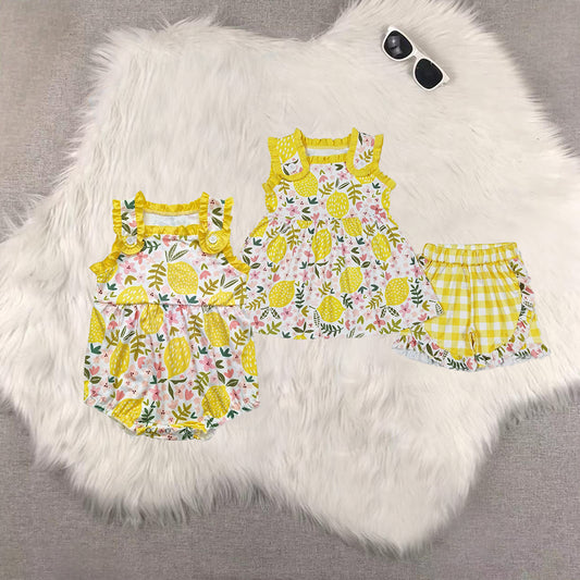 Sibling Baby Girls Lemon Flowers Sumer Sibling Sister Clothes Sets romper