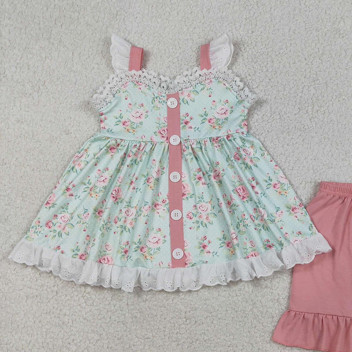 RTS NO MOQ GSSO3036 Baby Girls Colorful Flowers Button Tunic And Ruffle Shorts Outfit Set Cute Baby Girl Clothing Set