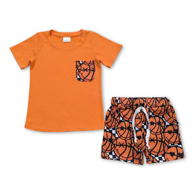 RTS NO MOQ Sibling Baby Boys Orange Pocket Shirt Top Basketball Shorts Clothes Sets