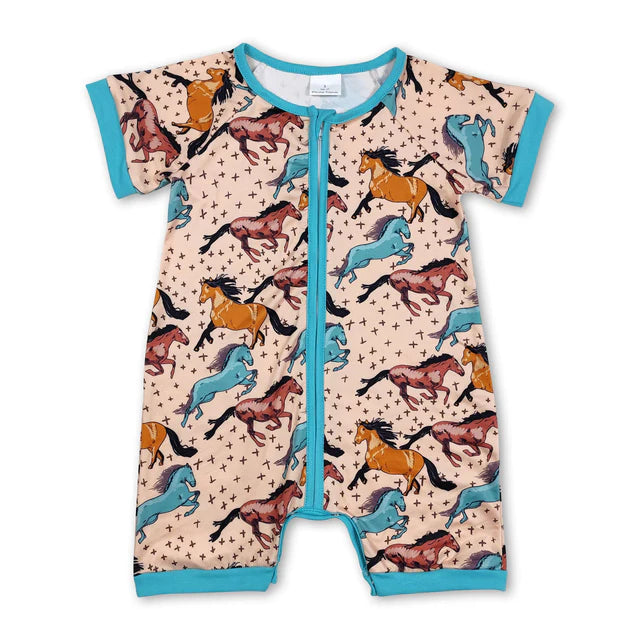 RTS NO MOQ Sibling Baby Infant Boys Western Cowboys Short Sleeve Zip Rompers