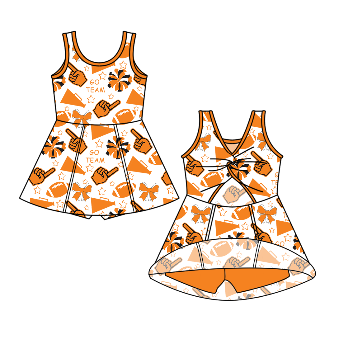 Custom moq 5 mix sizes summer teams baby girls clothes team orange short sleeve skirts shorts sets and dress-25.6.7