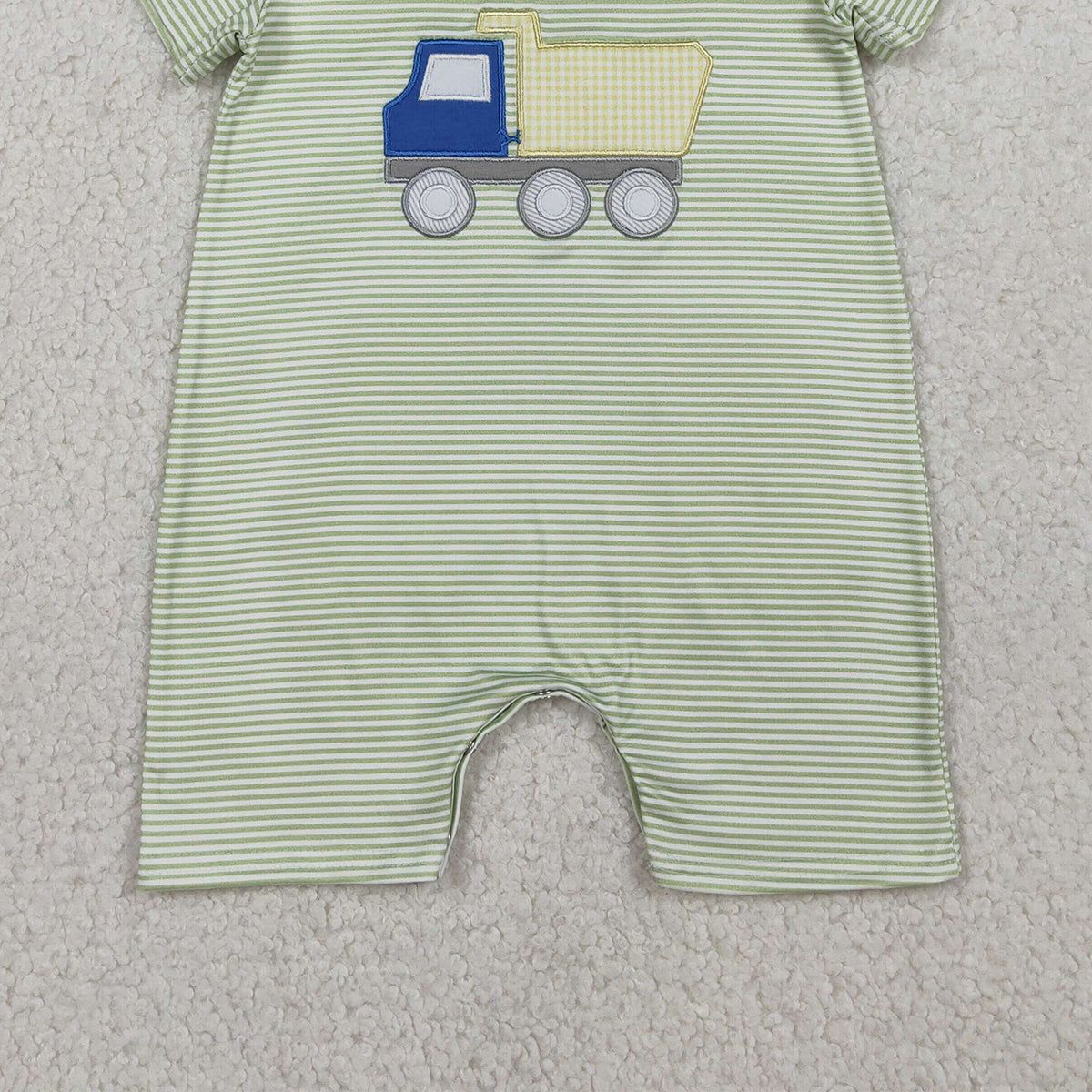 RTS NO MOQ SR3893 Baby Boys Green Stripe Rompers Short Sleeve Embroidery Tractors