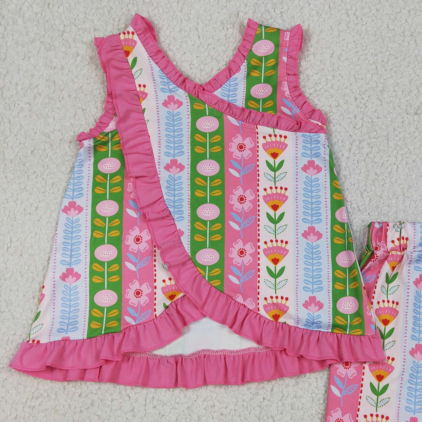 RTS NO MOQ milk silk GSSO3676 Baby Girls Striped Colorful Flower Print Sleeveless Ruffle Two Piece Set