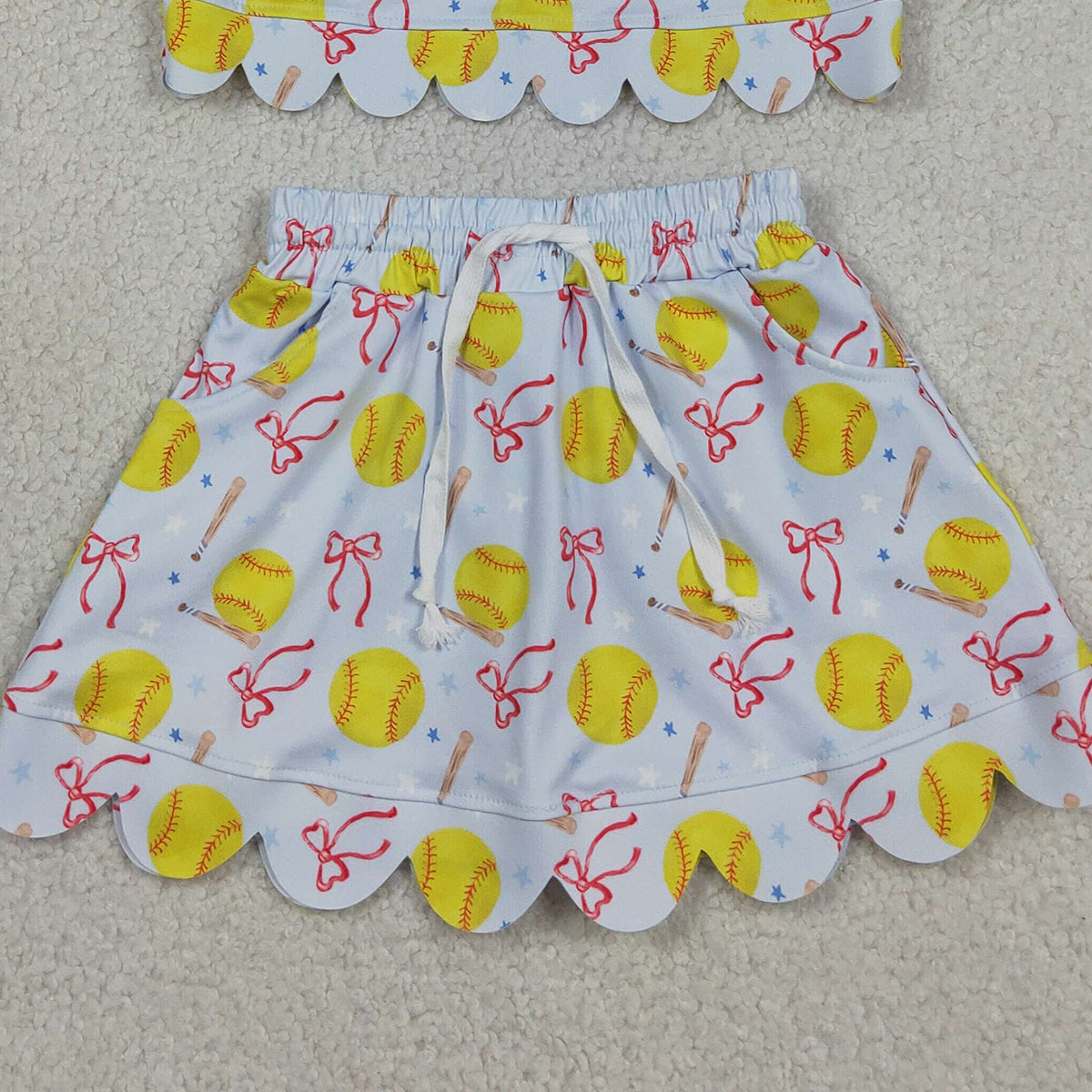 RTS NO MOQ GSD3655 Baby Girls Casual Active Wear Bow Softball Top Skirt Short Yoga Team Set