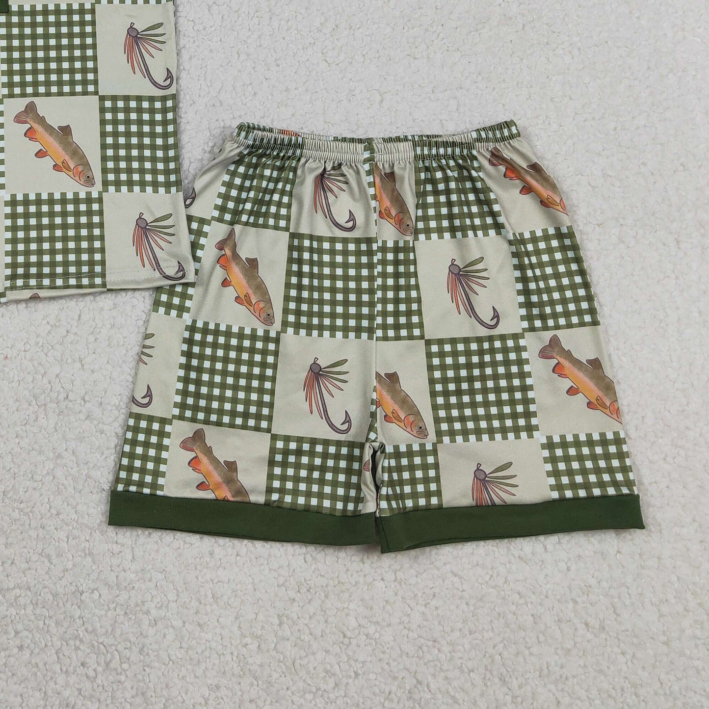 RTS NO MOQ BSSO1817 Baby Boys Cute Olive Checked Fishing Print Button Pajamas Set
