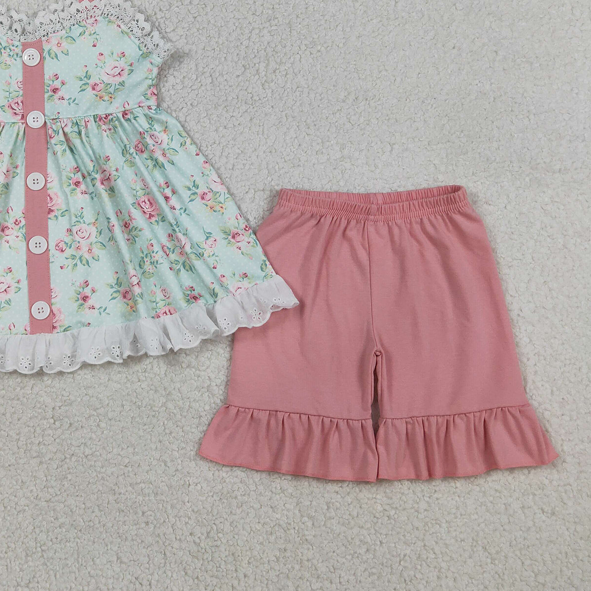 RTS NO MOQ GSSO3036 Baby Girls Colorful Flowers Button Tunic And Ruffle Shorts Outfit Set Cute Baby Girl Clothing Set