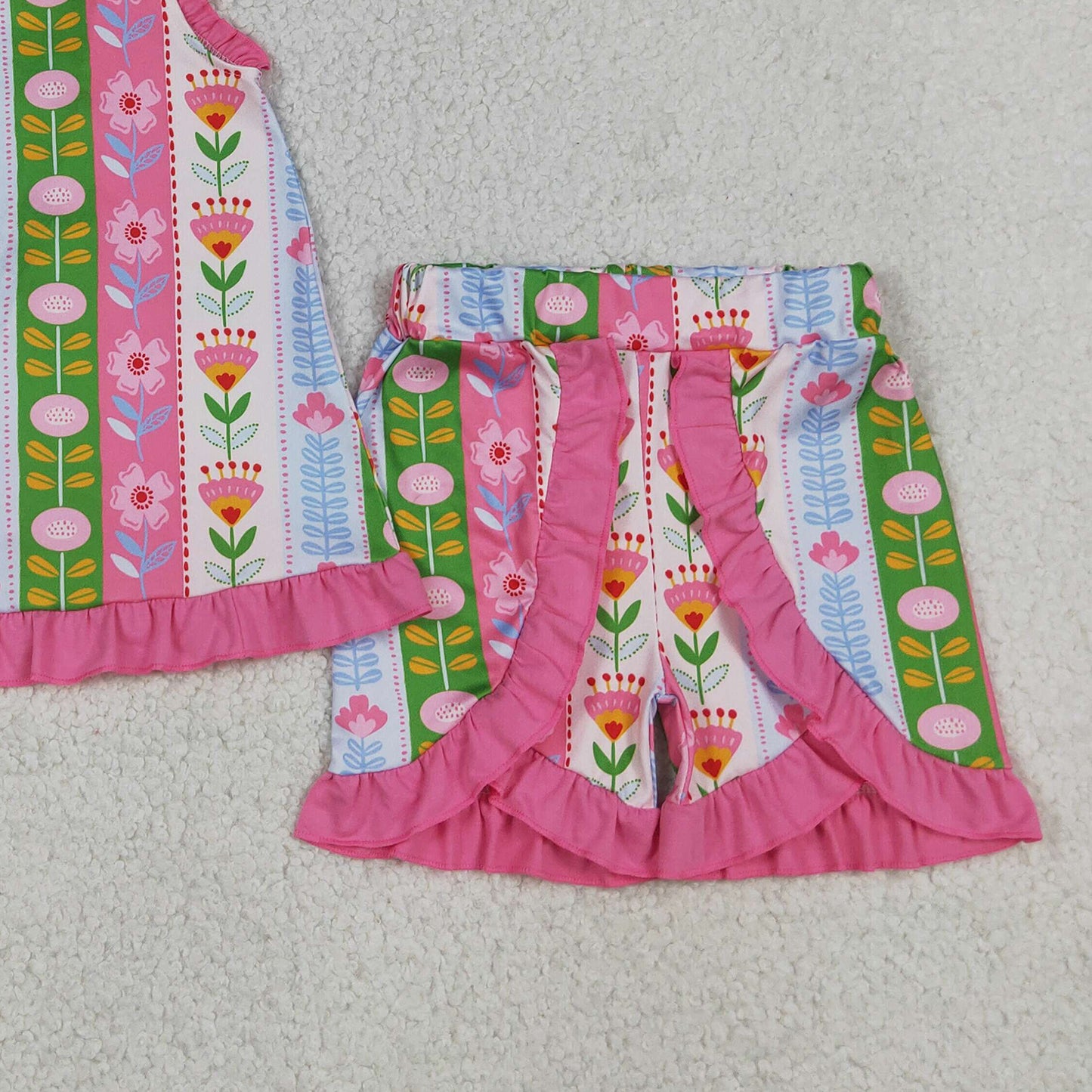 RTS NO MOQ milk silk GSSO3676 Colorful Flower Stripe Sleeveless Tunic Baby Girls Ruffle Short Clothes Sets