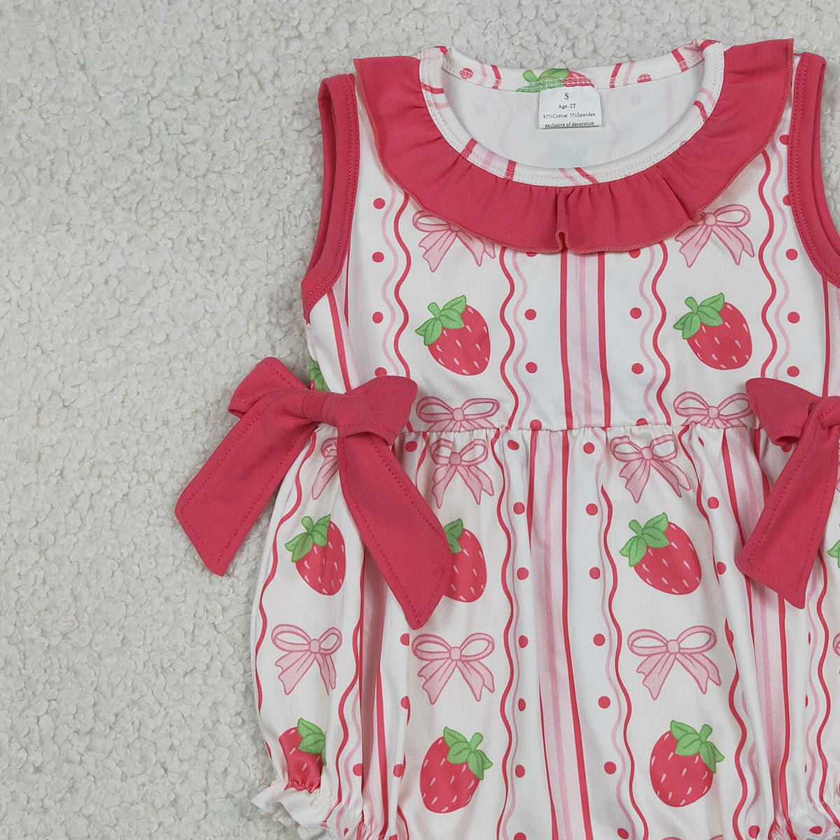 RTS NO MOQ SR4011 Baby Girls Sleeveless Rompers Strawberry Bows Stripe Ruffle Outfit