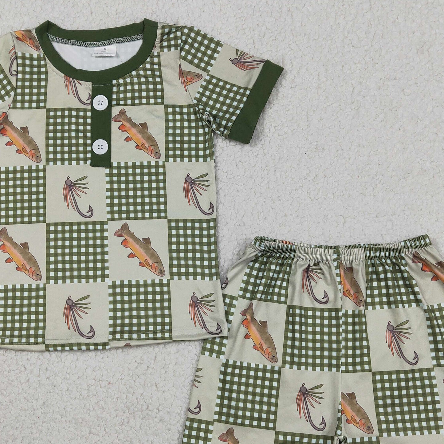 RTS NO MOQ BSSO1817 Baby Boys Cute Olive Checked Fishing Print Button Pajamas Set