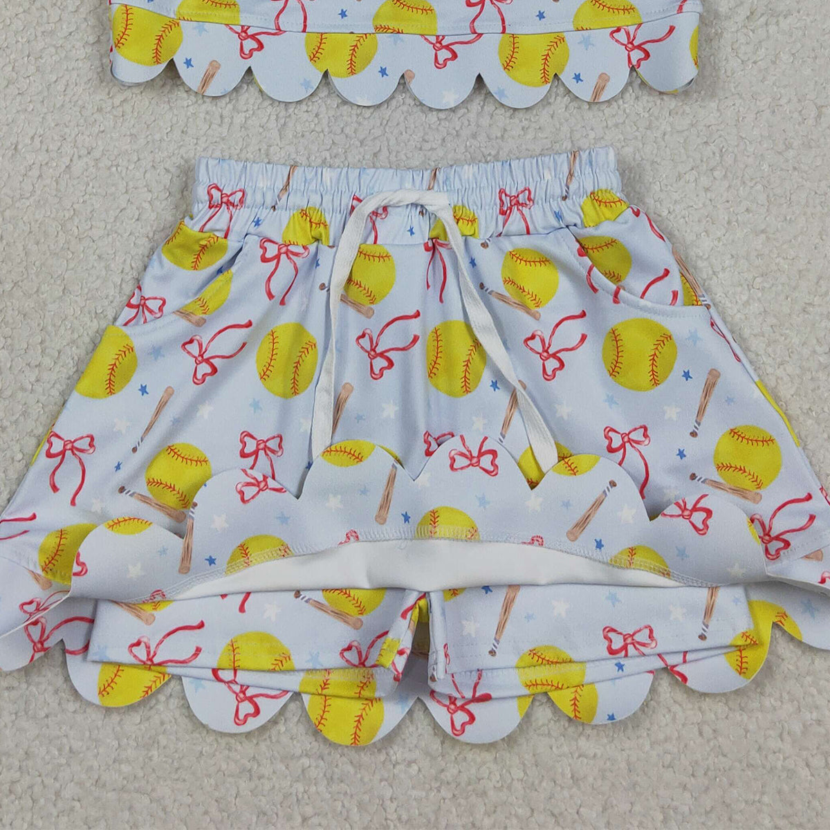 RTS NO MOQ GSD3655 Baby Girls Casual Active Wear Bow Softball Top Skirt Short Yoga Team Set