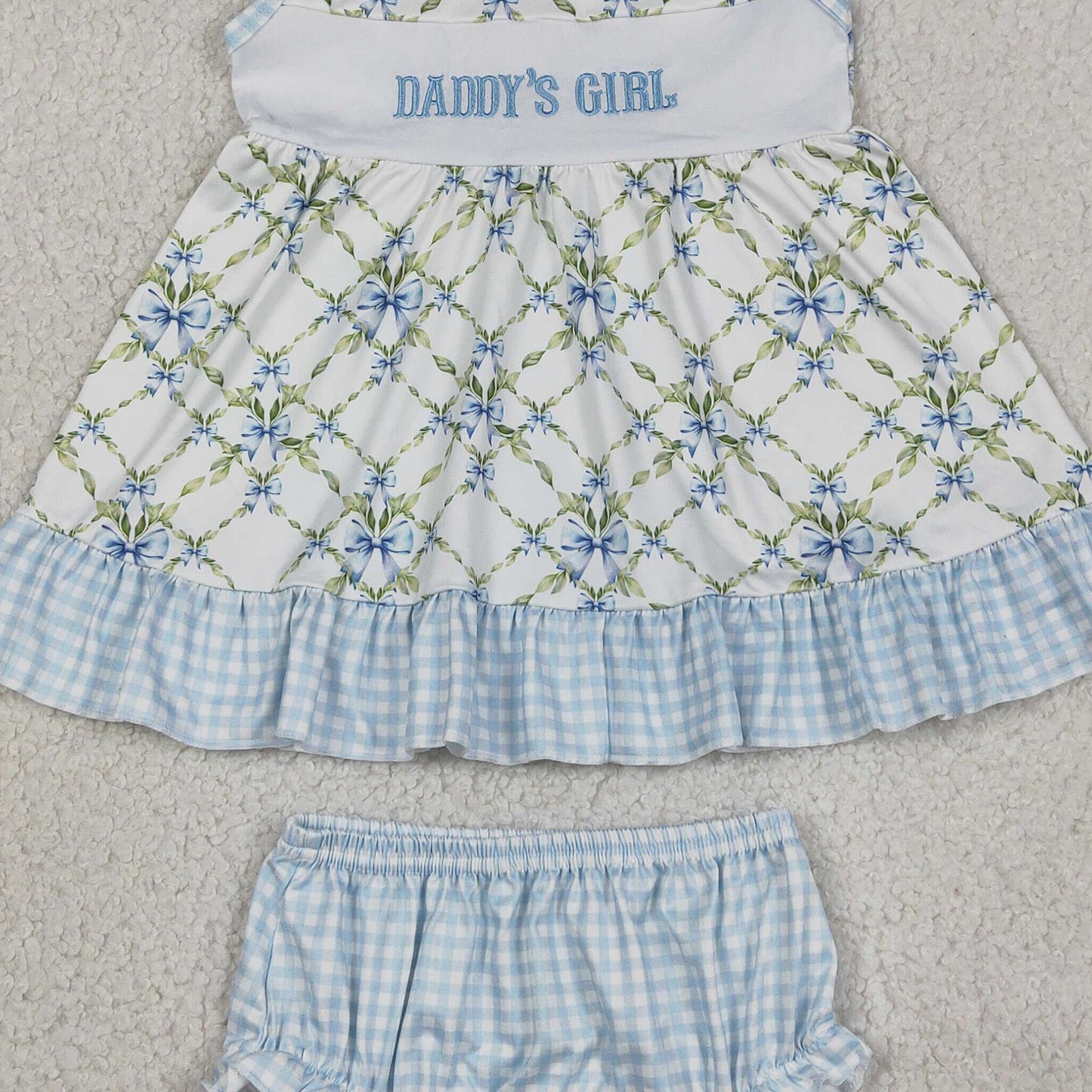 RTS NO MOQ milk silk GBO0512 Baby Girls Daddy's Girl Embroidery Floral Checked Bows Tunic Bummies Sets