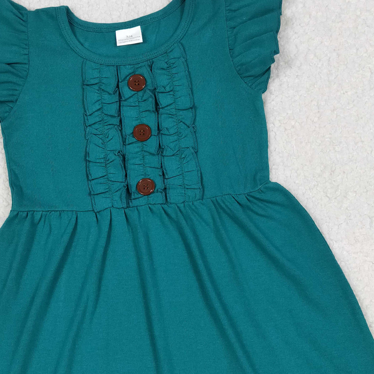RTS NO MOQ GSD4094 Baby Girls Dark Green Flutter Sleeves Button Ruffle Knee-Length Dress（3-4T-14T）