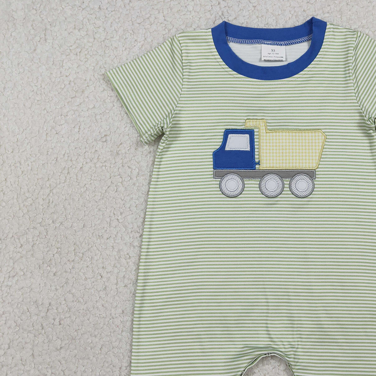 RTS NO MOQ SR3893 Baby Boys Green Stripe Rompers Short Sleeve Embroidery Tractors
