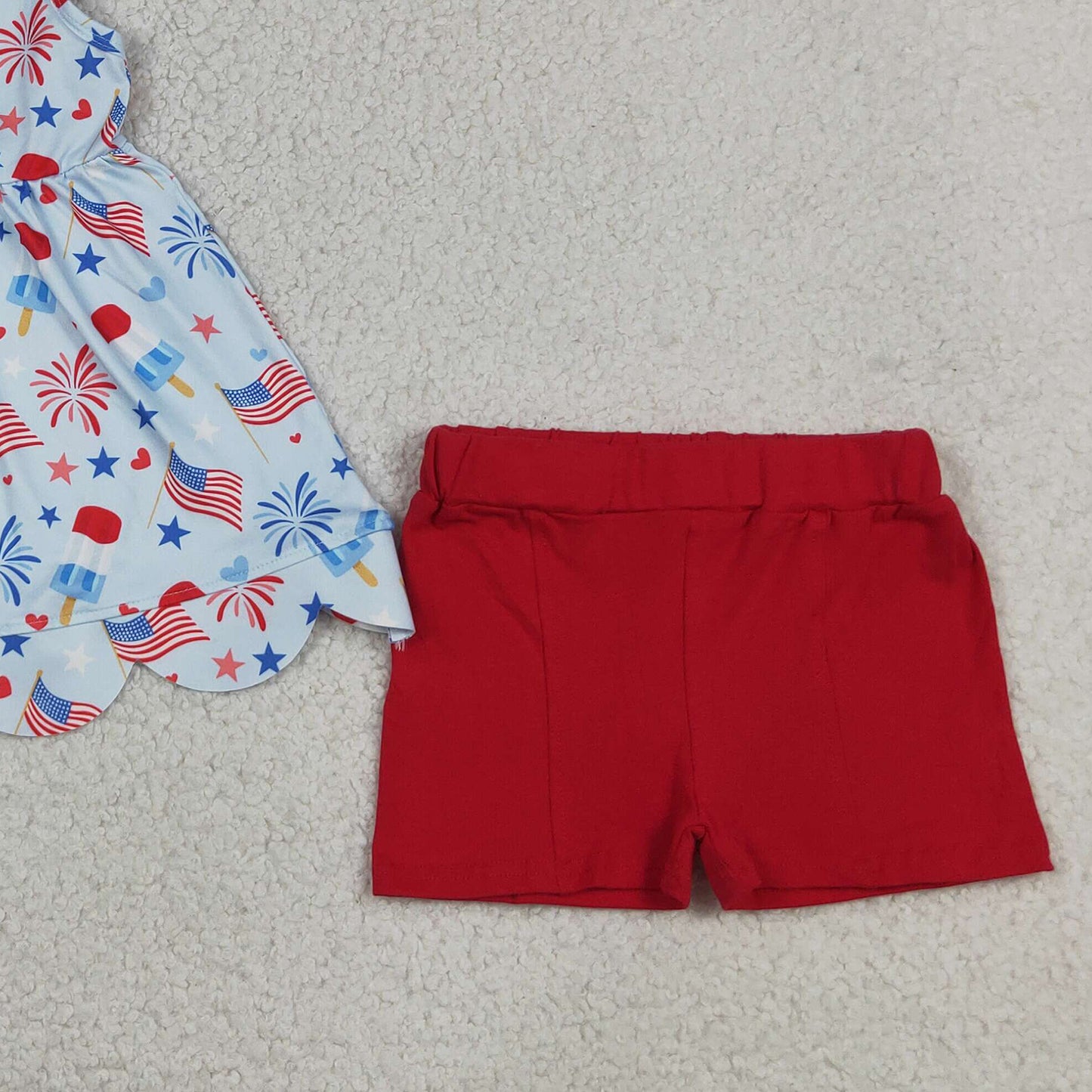 RTS NO MOQ milk silk GSSO3386 Baby Girls 4th of July Popsicle Flag Scallop Back Bow Set