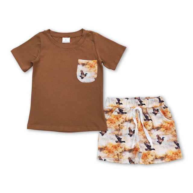 RTS NO MOQ Sibling Baby Boys Orange Pocket Shirt Top Basketball Shorts Clothes Sets