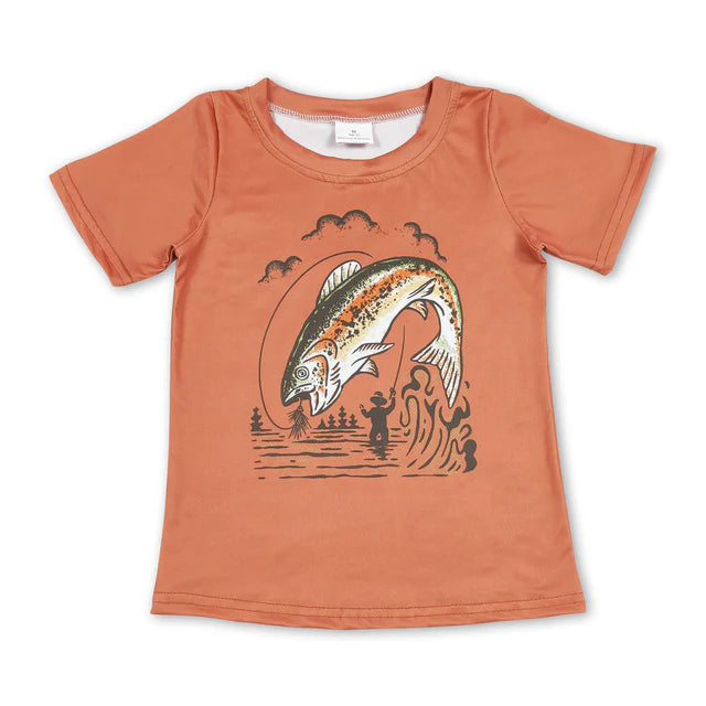 RTS NO MOQ Sibling Baby Boys Brown Hunting Short Sleeve Fishing Tee Shirts Tops