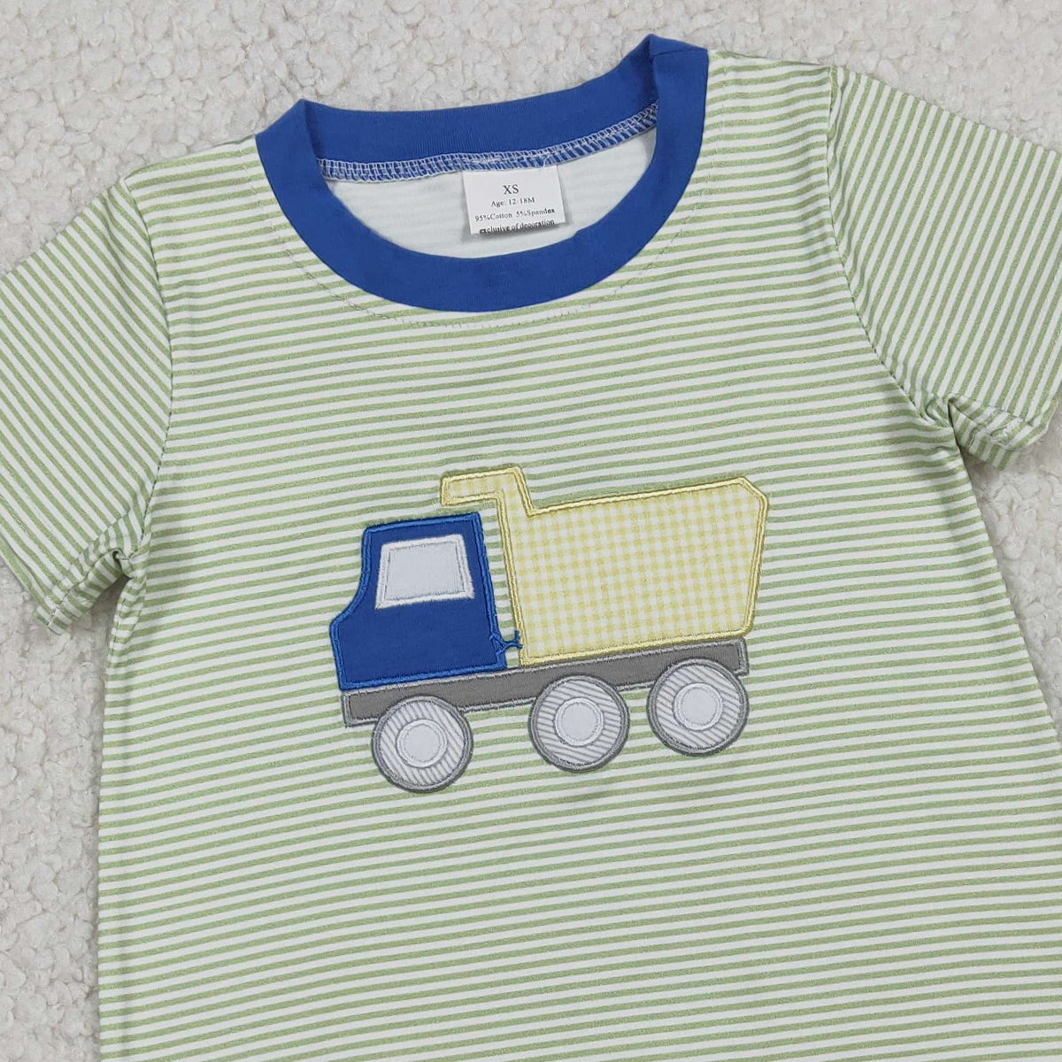 RTS NO MOQ SR3893 Baby Boys Green Stripe Rompers Short Sleeve Embroidery Tractors