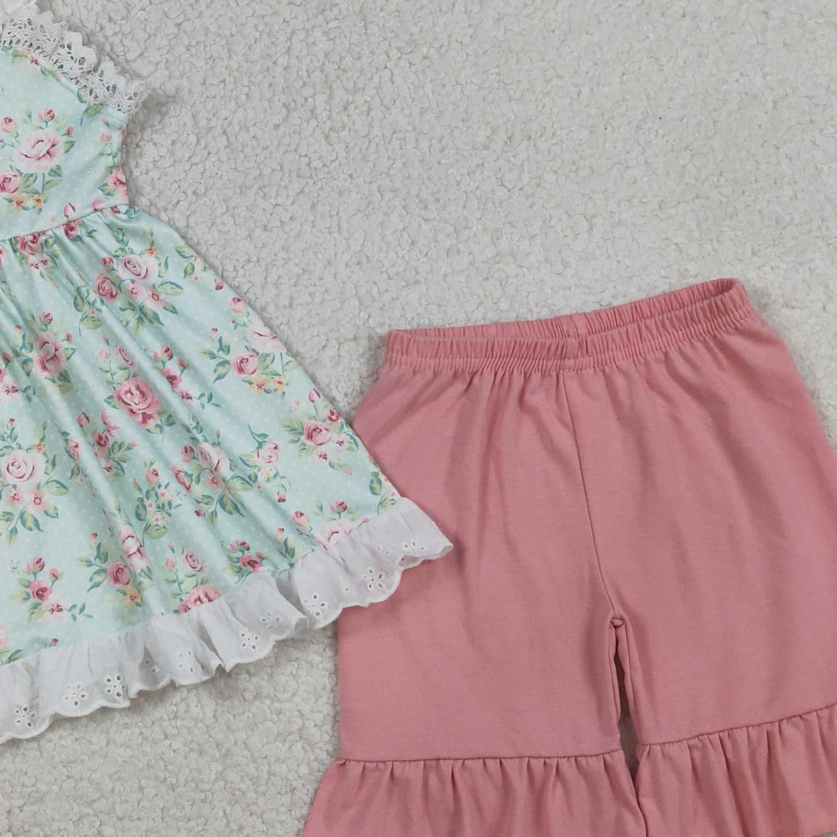 RTS NO MOQ GSSO3036 Baby Girls Colorful Flowers Button Tunic And Ruffle Shorts Outfit Set Cute Baby Girl Clothing Set