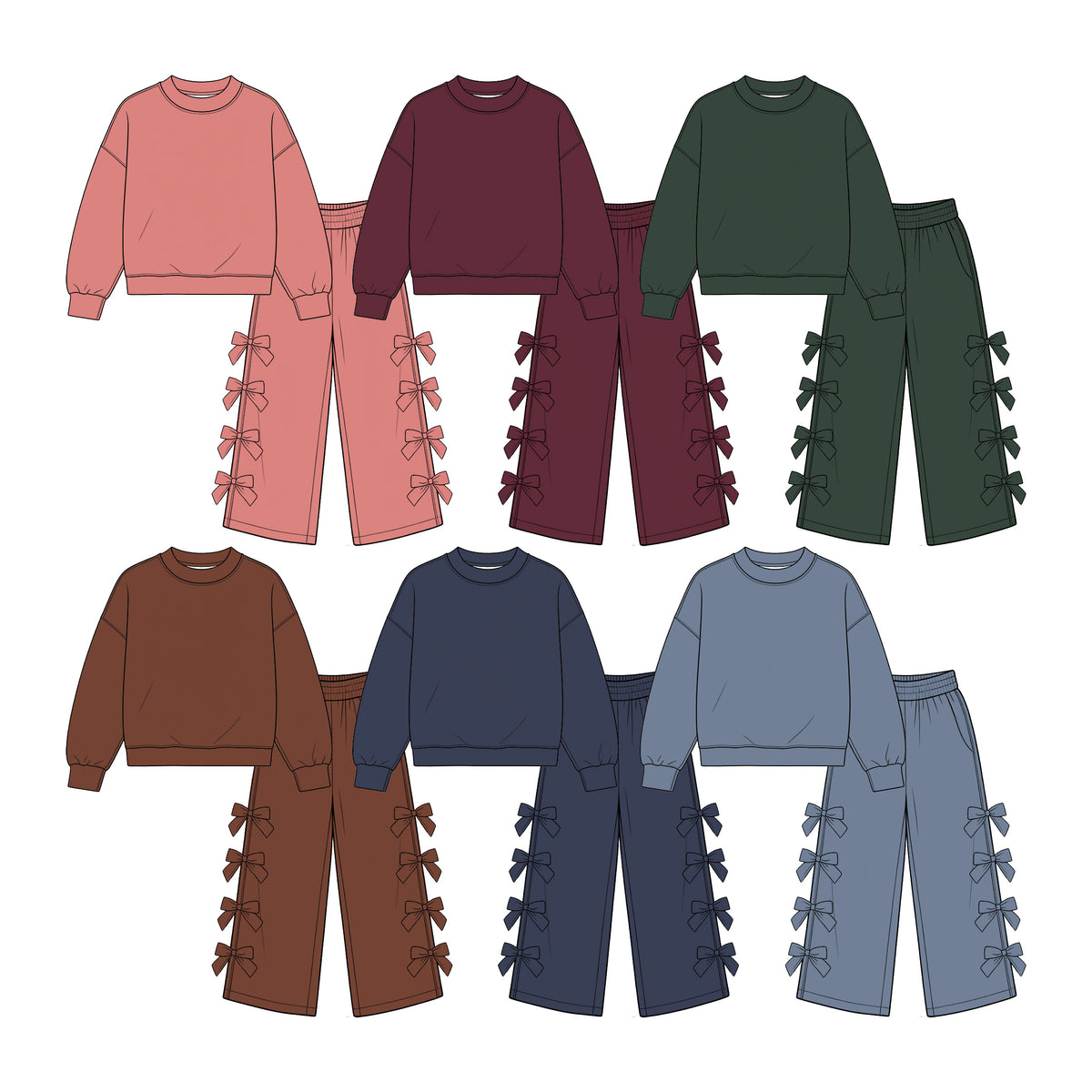 (Preorder new) No moq cotton Baby Girls Crew Neck Long Sleeve Sweatshirt And Multi Side Bow Wide Leg Pants Fall Casual Two Piece Clothes Set