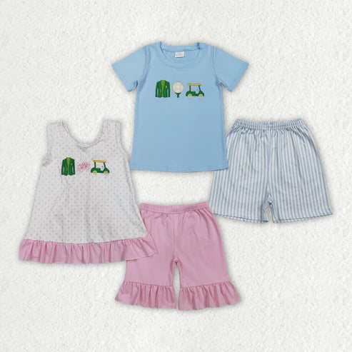 RTS NO MOQ Sibling Baby Boys Girls Embroidery Golf Truck Top Shorts Clothing Set Baby Fashion Outfit Set