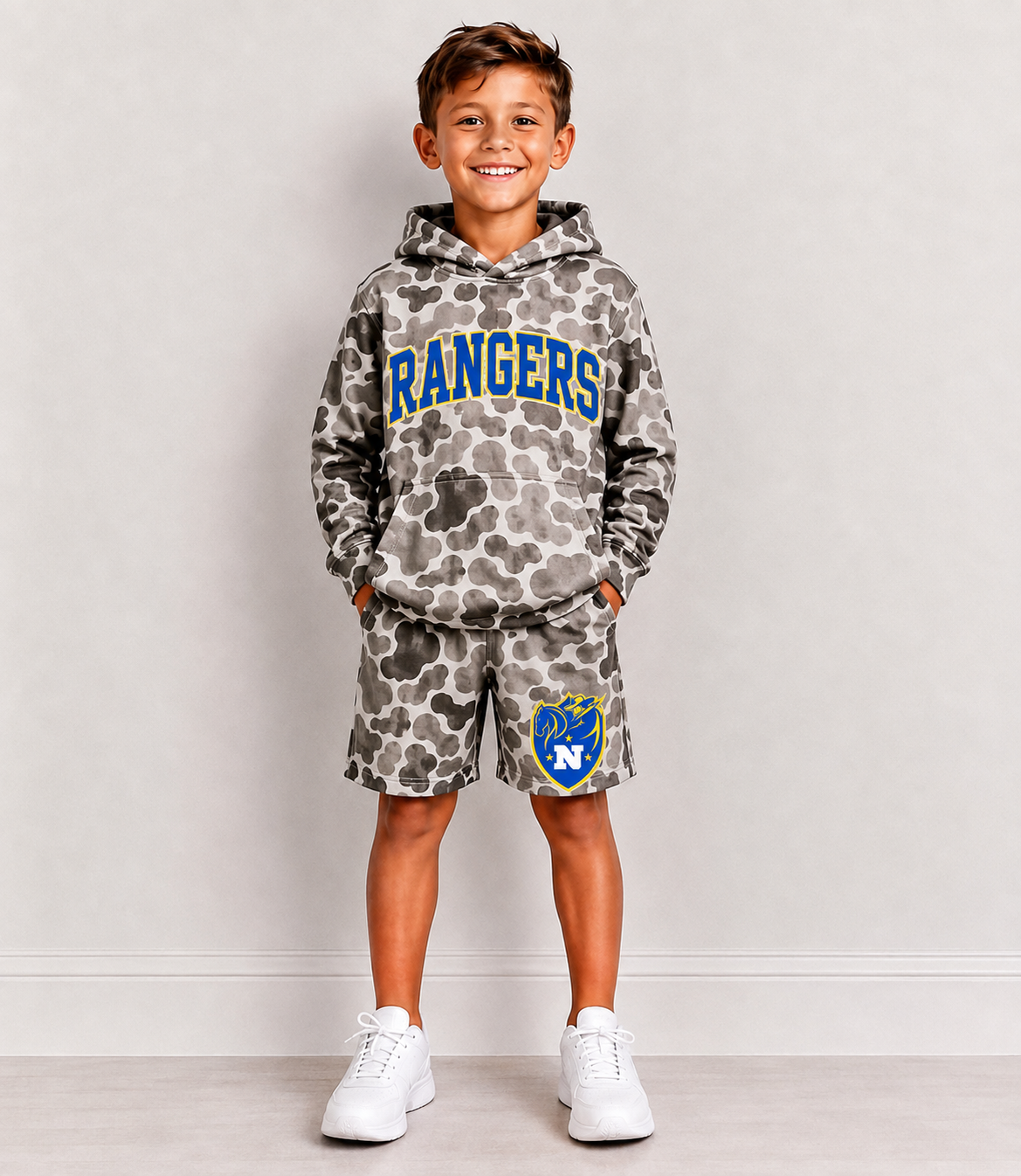 custom moq 5 mix size RLES0103 Adult To Match Kids Team Letter Camo Print Hooded Casual Shorts Set