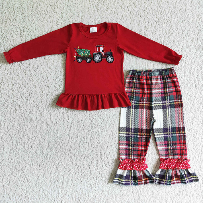 RTS NO MOQ  Red long-sleeved suit with embroidered truck carrying a Christmas tree