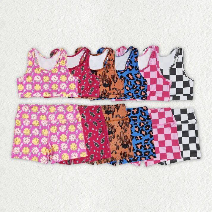 RTS Baby Girls Western Sports Crop Tops Shorts Sibling Clothes Sets bike shorts sets