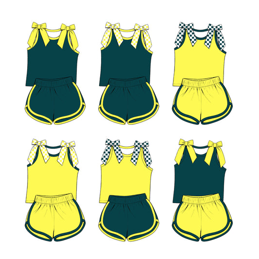 custom moq 5 mix size Baby Girls Bow Sleeveless Green Top Shorts Summer Casual Clothes Set